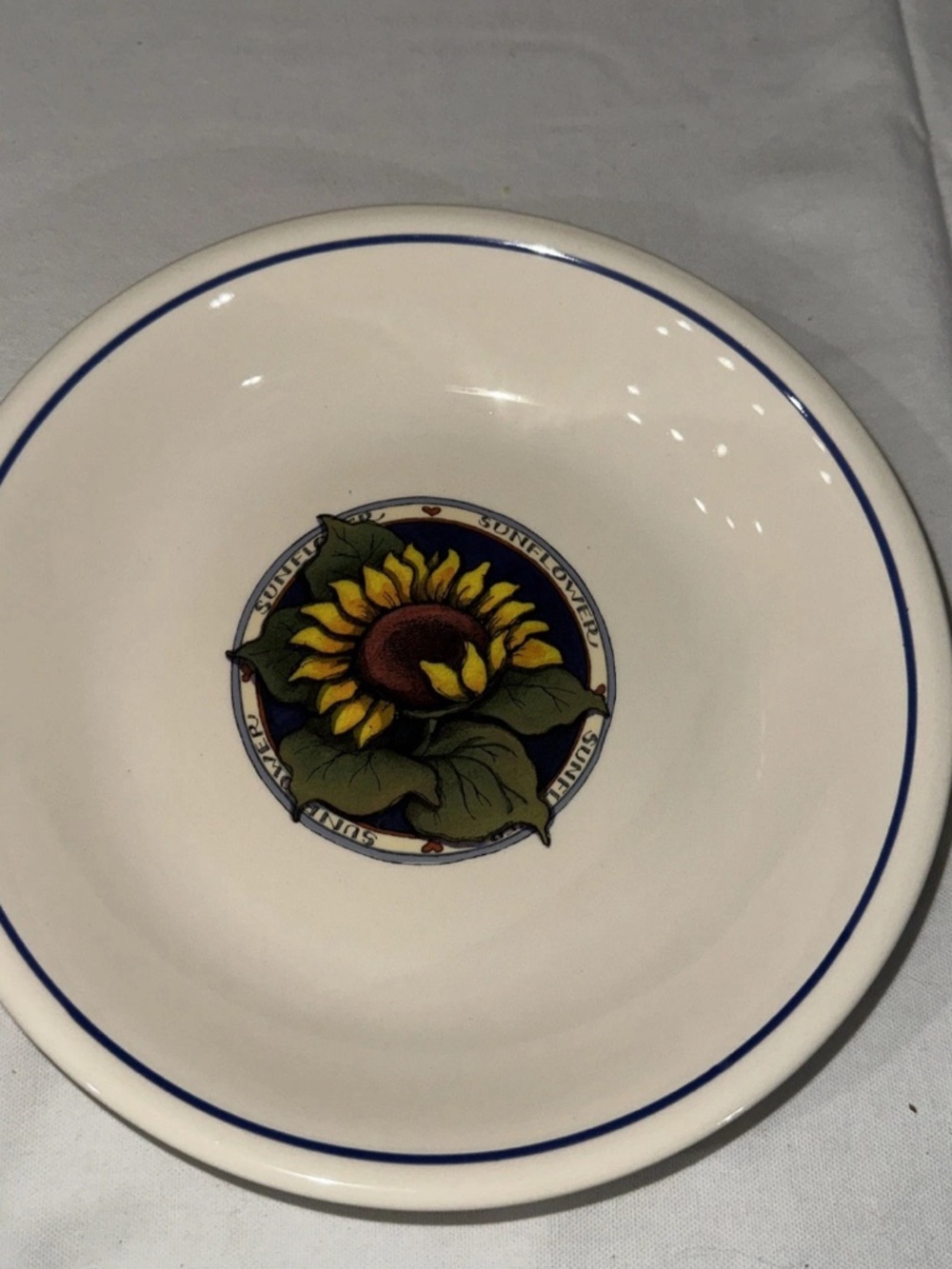 Sunflower Motif White Ceramic Dinner Bowl with Blue Rim